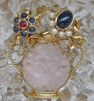 Ansteck Nadel Brosche in 585 Gold  Rosenquarz Safir Rubin Diamant top! - Bild 1 von 4