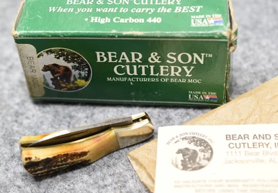 Vintage  BEAR & SON CUTLERY Damascus blade Knife Stag handle 2-1/8" closed knife - Image 1 of 4