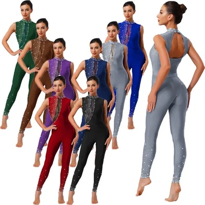 Damen Bodysuit Leistung Rompers Yoga Pullover Bodycon Gymnastik Eislaufen Bühne - Bild 1 von 4