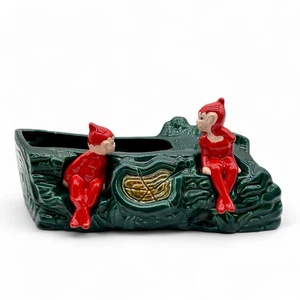 Rare Mid Century Gilner Double Red Pixie Planter Elves On A Log 1950s USA - Picture 1 of 9