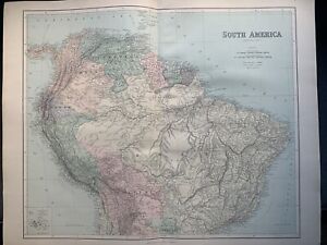 1895 South America Large Original Antique Map by George Philip 69 cm x 54 cm