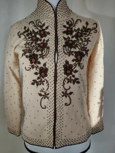 Cest Cine Beaded Sweater Cardigan Lambswool Blend Small Holiday - Picture 1 of 12