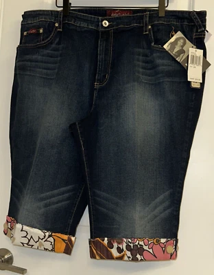 Baby Phat Women Plus Size 24 Heiress Bermuda Denim Shorts Floral Cuffs Y2K Kitty - Image 1 of 4