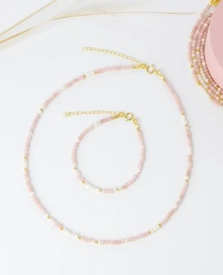 A++ 美丽珍珠和粉红色蛋白石刻面圆形宝石串珠项链 24 英寸女孩 — 第 1/4 张图片