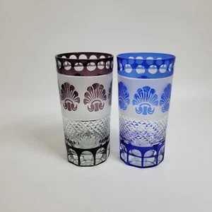 2 Godinger Shannon Crystal Clam Shell Cut to Clear Blue Amethyst Highball Glass - Picture 1 of 4