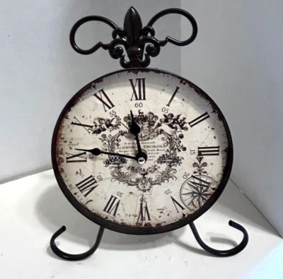 Clock, Round, Wrought Iron Rustic Look, Table Clock 11 1/2" Tall.  A battery - Image 1 of 4