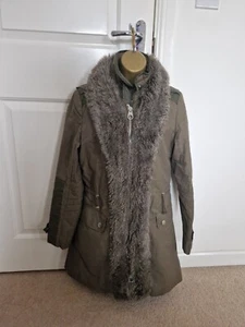 Karen Millen Khaki Fur Trim Long Hooded Coat Size 8 - Picture 1 of 14