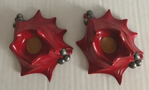 Vtg Atlantic Mold Christmas Holly Berries Candle Holders for Tapered Candles Red - Picture 1 of 8
