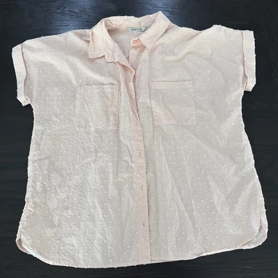 ORVIS Womens Lrg. Pink Swiss Dot Short Sleeve Button Up Casual Cotton Top Blouse - Image 1 of 4