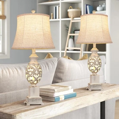2-Pack 28in Rustic Farmhouse Table Lamps Nightlight Linen Shades Living Room - Image 1 of 4