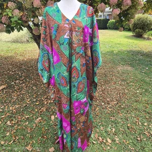 Abito Caftano Caftano Colorato Verde Viola Marrone Vintage Edizioni Basic Taglia Gratis - Foto 1 di 7