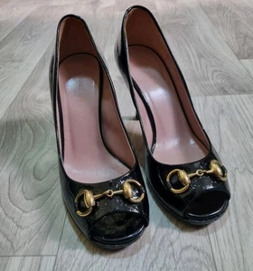 Gucci Damen schwarz Lackleder Horsebit Peeptoe Heels GG Monogramm Größe 5 US - Bild 1 von 12