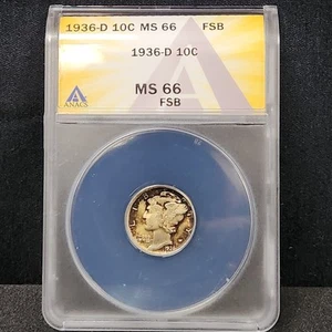 ANACS 1936-D 10C Cents MS66 FSB Full Split Bands Graded Roosevelt Dime MS 66 - Picture 1 of 4