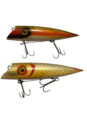 Vtg 1940 Lot Of 2 Martin Wood Salmon Plug Lure Glass Eyes Gold Scale Rainbow - Image 1 of 4