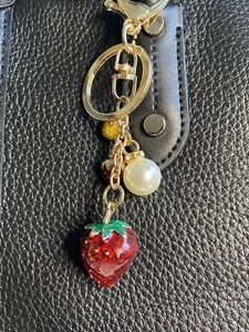 Strawberry Bag Charm Keychain Fob Red Gold Color New Christmas Gift - Picture 1 of 2