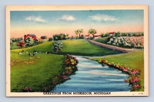 L-13 Greetings From Muskegon Michigan Postcard Unposted - Imagen 1 de 2