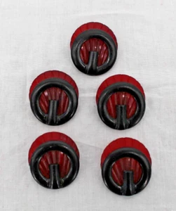 Vintage Bakelite Buttons Red Black Art Deco Seashell Shapes Round Set of 5 - Picture 1 of 3