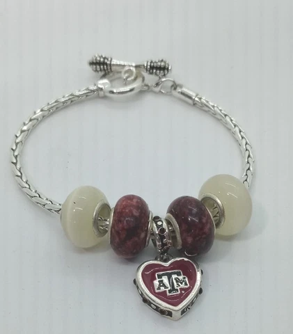 TEXAS A&M  AGGIES - Beaded Charm BRACELET  Maroon White Silver Tone Cover