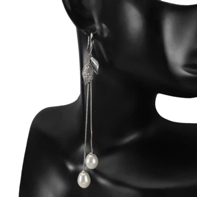 925 Sterling Silver Earrings Drop Pearl 10x7mm Simulated Cz - Image 1 of 4