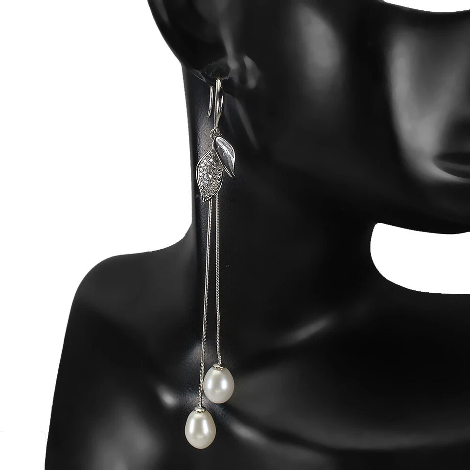 925 Sterling Silver Earrings Drop Pearl 10x7mm Simulated Cz - Image 1 of 4