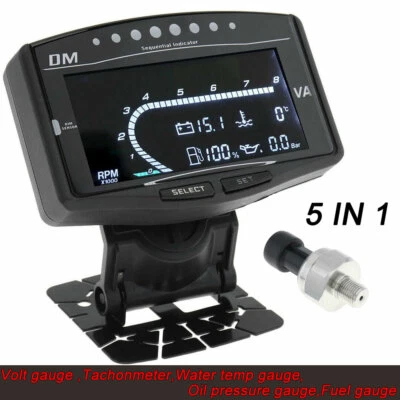 5in1 Multifunction Car LCD Digital Oil Pressure+Volt+Water Temp+Fuel+Tacho Guage - Image 1 of 4