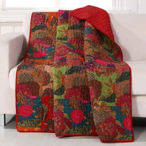 Throw Blanket Red Blue Floral Quilted Cotton Reversible Couch Bedding Cover - Picture 1 of 4