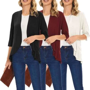 Women Cardigan 3/4 Sleeves Open Front Lightweight Draped Ruffles Knit Cardigan - Picture 1 of 15