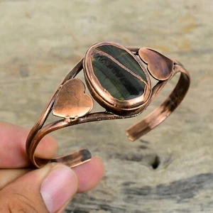Brazalete de cumpleaños corazón electroformado hecho a mano boho pietersita natural ovalado de cobre - Imagen 1 de 6