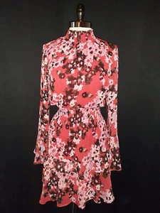 NEW TAYLOR Size 14 A-Line Dress Pink Red Black Floral Long Sleeve Sparkles - Picture 1 of 9
