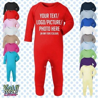 Custom Personalised Baby Grow ROMPER Sleep Suit Gift-Choose text/logo-16 colours - Image 1 of 4