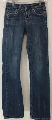 LA IDOL Jeans Sz 1 Straight Distressed Flap Pocket Bling Med Wash Denim Designer - Image 1 of 4