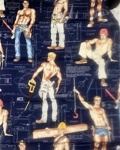 3/4 Alexander Henry Pinup Fabric Construction Sexy Man Blue Gay Pride Rare - Picture 1 of 1