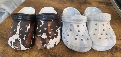 Lot of 2 Crocs Classic Clogs Kids Size 11C Blue Marble Cow Print - Image 1 of 4