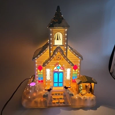 Vintage Avon 2003 Holiday Splendor Lighted Fiber Optic Church Missing Tree - Image 1 of 4
