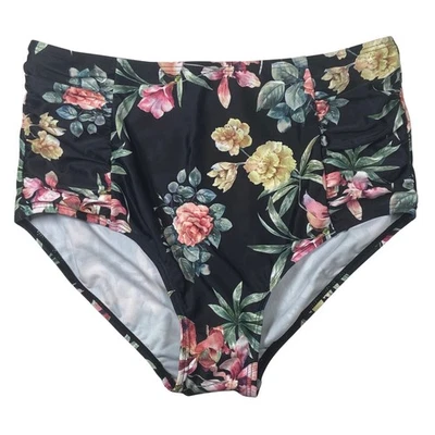 Pantalones de natación florales de cintura alta para mujer talla mediana acanalados negros rosa botánicos Foto 1 de 3