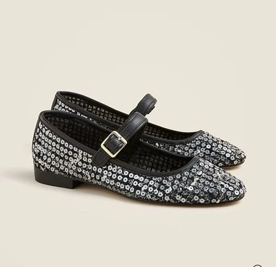 Zapatos planos de ballet J Crew Mary Jane lentejuelas malla negra para mujer talla 10 NUEVOS $128 Foto 1 de 4