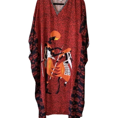 Ashro Talla Grande Talla Única Kimono Caftán Rojo Negro Largo Cuello en V Amplio Vacaciones Boho Foto 1 de 4