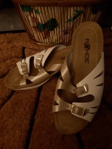 Rohde Cream Leather Wide Fit Wedges Comfort Slip-on Sandals Peep Toe 50s Style 5 - Picture 1 of 6