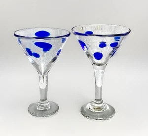 Pair of Heavy Vintage Hand Blown Blue Dot/Swirl Martini Glasses 4-1/2" - Picture 1 of 7