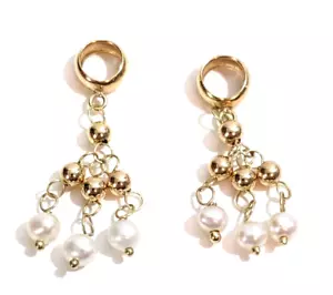 2 Stunning 14K Yellow Gold Hoop Beaded Dangle Pearl Earring Enhancers 1.3 Grams - Picture 1 of 6
