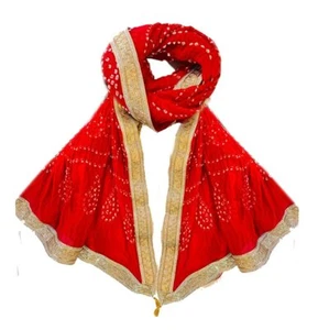 Traditional Red Bandhani Bhandej Tie-Dye Tafetta silk Dupatta Zari Lace border - Picture 1 of 2