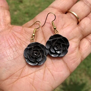 Ebony Wood Rose Flower Carved Handmade Earrings 45 mm length, D 1 - Picture 1 of 7