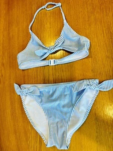 H & M Girls Bikini Age 8-10 Years. White/blue Stripe. Very Good Condition - Picture 1 of 5