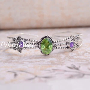 Green Peridot Cut & Amethyst Gemstone 925 Sterling Silver Birthday Bangle Cuff - Picture 1 of 5