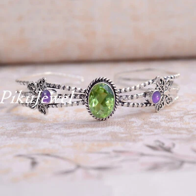 Green Peridot Cut & Amethyst Gemstone 925 Sterling Silver Birthday Bangle Cuff - Image 1 of 4
