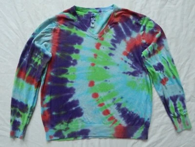 Suéter Pullover Tie Dye Verde Púrpura Cuello en V - Grande Para Hombre Hecho a Mano Algodón Foto 1 de 4