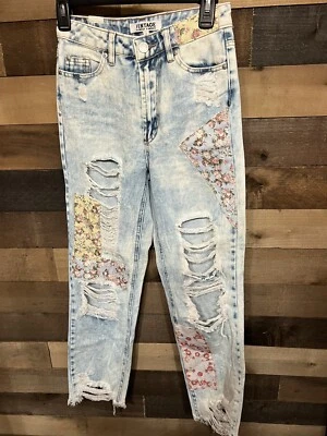 Винтажные почти известные женские синие джинсы из хлопковой смеси с искусственно состаренными нашивками размер 0 - Изображение 1 из 4