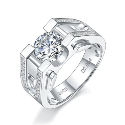 1CT 2CT D Color VVS1 Moissanite Mens Engagement Ring Solid 925 Sterling Silver - Image 1 of 4