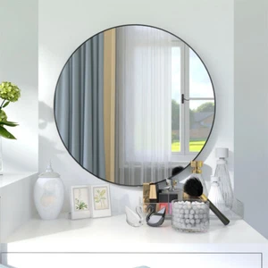 24"x24" Round Large Modern Metal Frame Wall Mirror for Bathroom Washroom Black - Picture 1 of 12