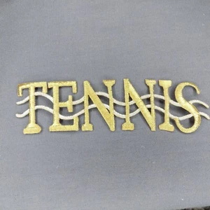 'TENNIS' Gold Metallic Thread Spell Out Iron-On Patch Large 5.5" x 1.5" - Picture 1 of 2